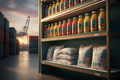 Frozen Pacific produce including taro and breadfruit bags alongside imported beverages and breakfast cereals — Thrive Pacific Freight Forwarding & Import Service